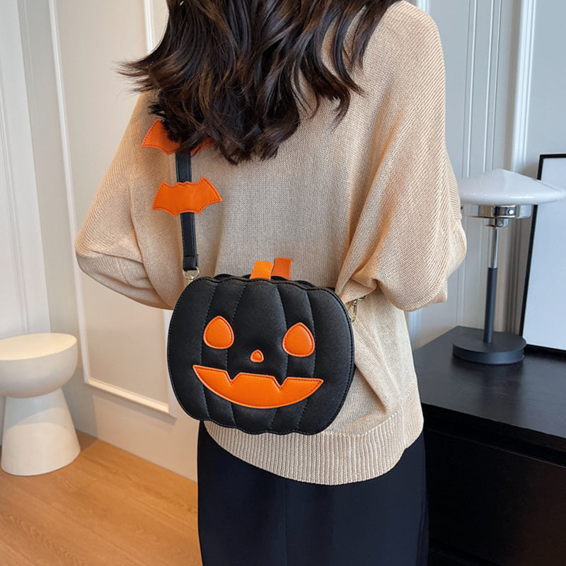 Halloween Pumpkin Crossbody Bag for Women | Cute Cartoon Shoulder Bag with Bat Design | PU Leather | Creative Festive Messenger Bag | Halloween Party Accessory - Apparel & Accessories > Handbags, Wallets & Cases > Handbags > Shoulder Bags
