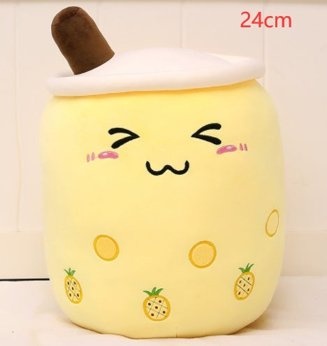 KawaiiTea | Plush Toy | Soft Fabric | Embroidered Face | Strawberry Pink Bubble Tea | Cuddle Tea Pillow -