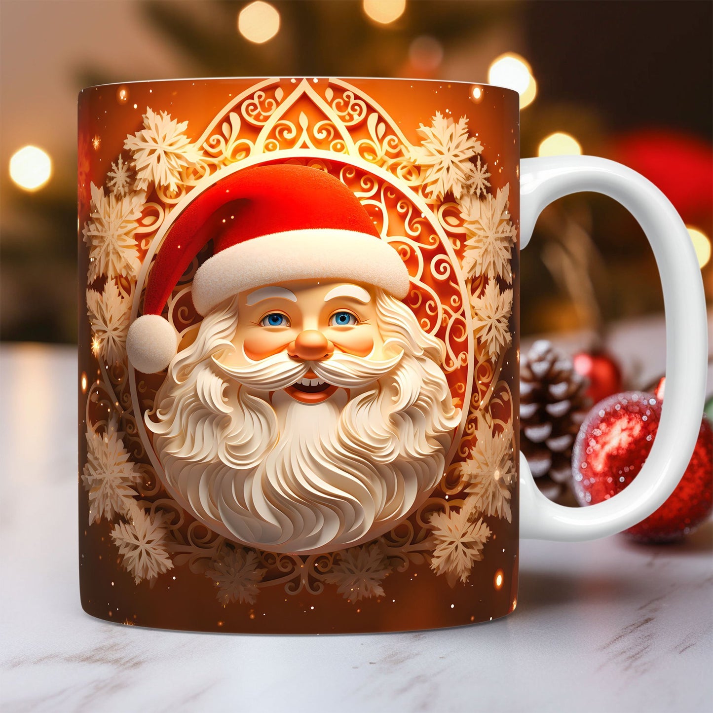 Creative | 3D Christmas Ceramic Mug | Santa Claus 3D Painted | Comfortable Grip Handle | White | Ideal Christmas Gift -