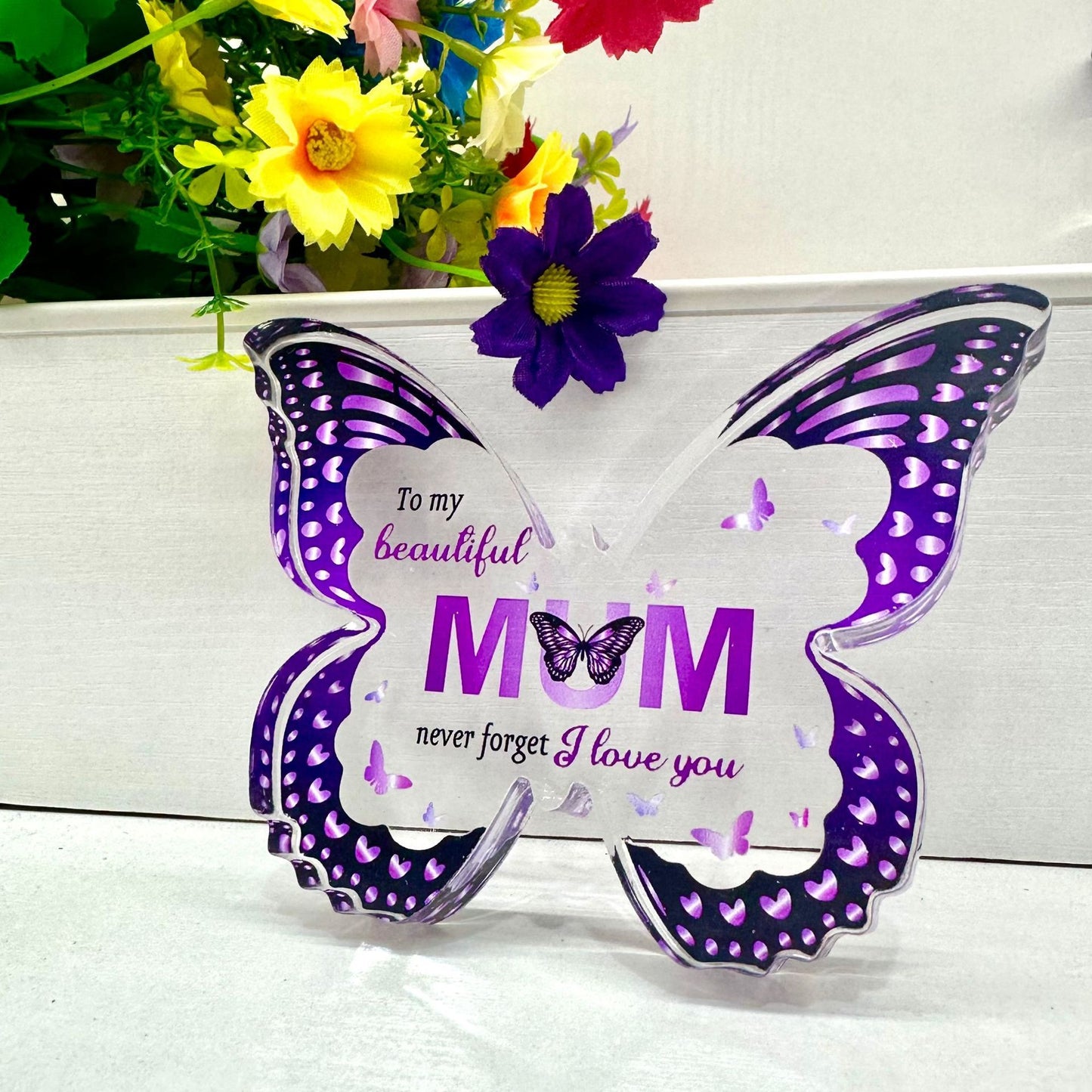 Butterfly Keepsakes | Acrylic Keepsake | Butterfly Shape | Purple Wing Pattern | Perfect Mother's Day Gift For Mom -