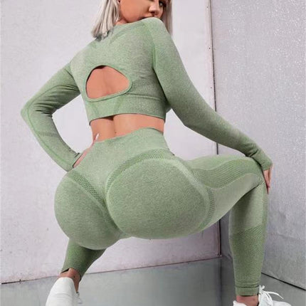 2pcs Sports Suits Long Sleeve Hollow Design Tops And Butt Lifting High Waist Seamless Fitness Leggings Sports Gym Sportswear Outfits Clothing