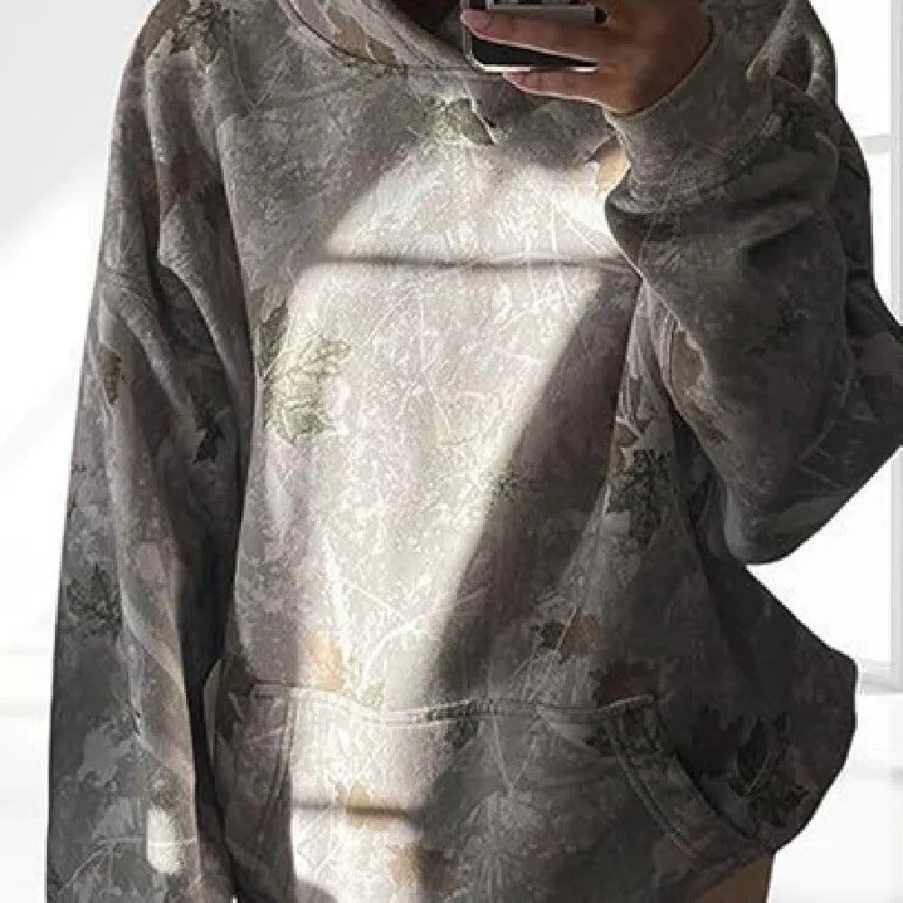 GenZ Cozywear | Hooded Floral Sweatshirt | Floral Print | Front Pockets | Khaki And Grey | Cozy Everyday Layering - Apparel & Accessories > Clothing > Clothing Tops > Hoodies