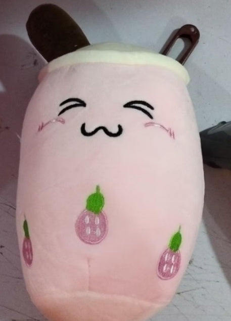 KawaiiTea | Plush Toy | Soft Fabric | Embroidered Face | Strawberry Pink Bubble Tea | Cuddle Tea Pillow -
