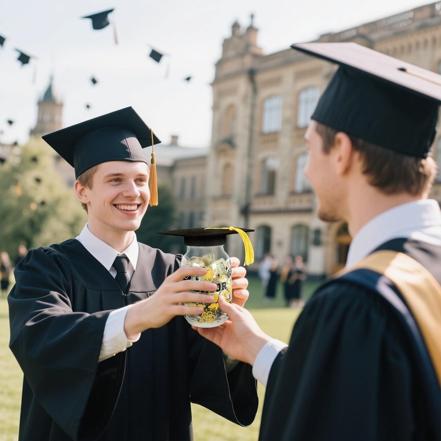 GradGems | Mason Jar Cash Holder | Cap Top With Raffia | Ideal For Festive Favors | 16.4 x 8.6 cm | Stickers -