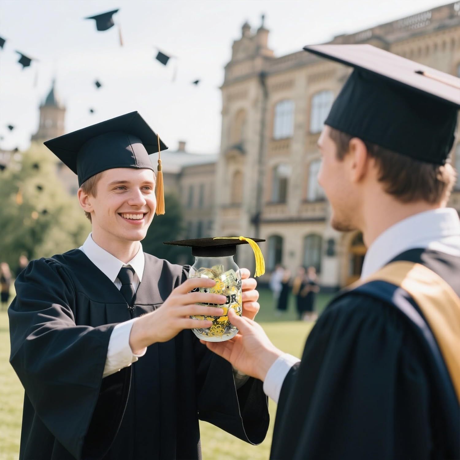 GradGems | Mason Jar Cash Holder | Cap Top With Raffia | Ideal For Festive Favors | 16.4 x 8.6 cm | Stickers -