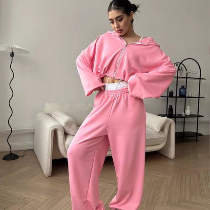 Women's Casual Solid Color Long Sleeve Zipper Sweatshirt Sweatpants Two-piece Set
