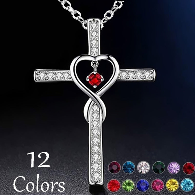 Infinity Love “In God We Trust” Cross Necklace | Women’s Gold-Plated Birthstone Heart Pendant | Crystal Zircon Gem Jewelry | Multiple Color Options | Christian Faith Gift for Her - Apparel & Accessories > Jewelry > Necklaces