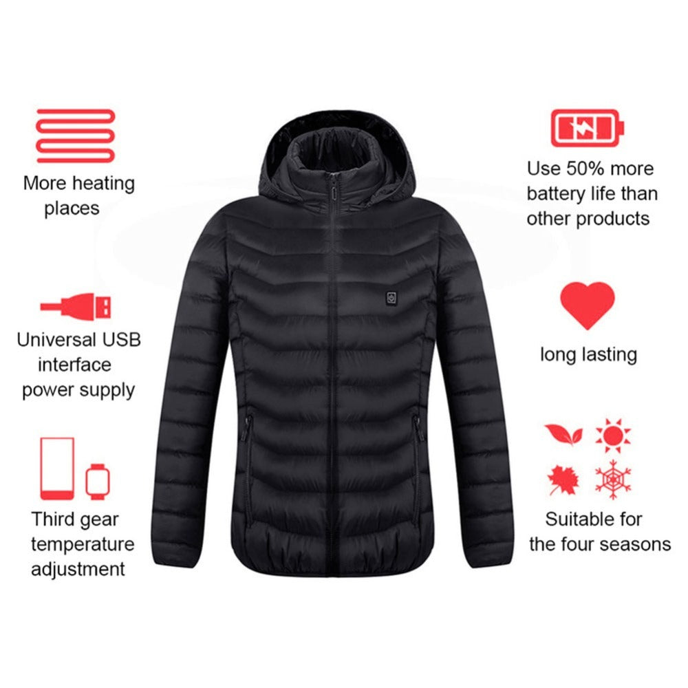 Men’s Heated Jacket USB Electric Coat | 3-Temperature Thermal Heating Jacket with Removable Hood | Lightweight Warm Cotton Coat | Windproof Winter Heated Outerwear | 2/4/8/9 Heat Zone Options | S–6XL (No Power Bank Included) - Apparel & Accessories > Clothing > Outerwear > Coats & Jackets > Puffer Jackets