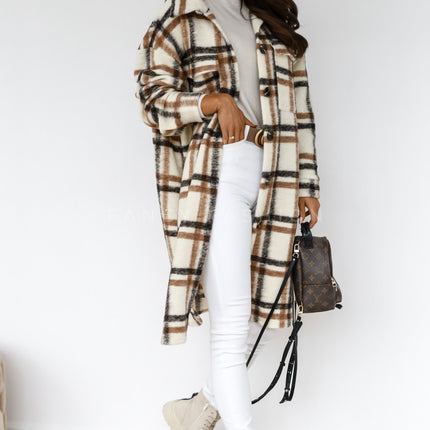 Button Lapel Casual Warm Plaid Long Woolen Coat