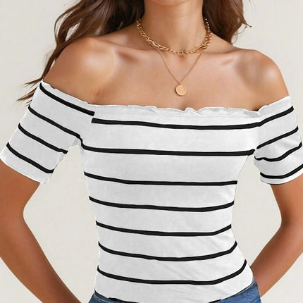 Summer To Autumn Casual Street Nautical Style Off-Shoulder Striped T-Shirt For Women