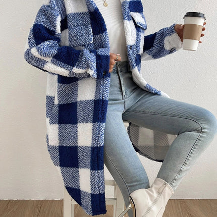 Button Lapel Plush Plaid Coat Loose