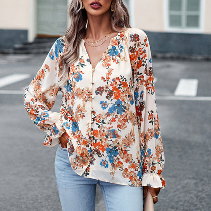 Women's Tops Casual Floral Print V Neck Long Sleeve Shirts Loose Chiffon Blouses Shirts Tops