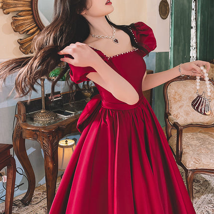 Winter Wine Red Engagement Daily French Princess On The Run Satin Dress