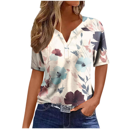 Women's Sequin Stitching Floral Three-button V-neck Short Sleeve