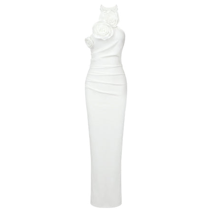 New Style White Ribbon Flower Halter Long High Sense Dress