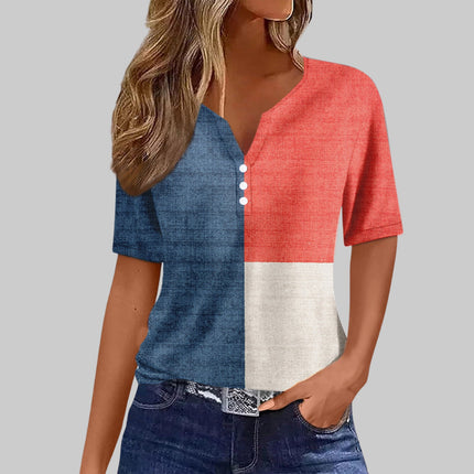 Women's Sequin Stitching Floral Three-button V-neck Short Sleeve