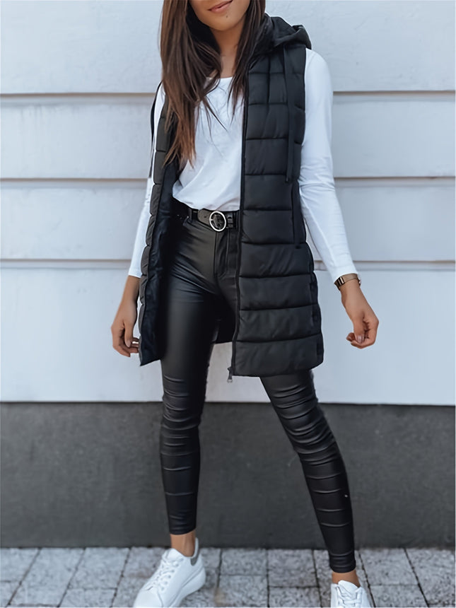 Solid Color Hooded Quilted Zipper Cotton Vest Coat