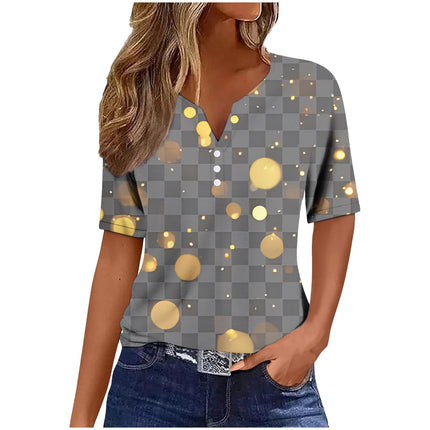 Women's Sequin Stitching Floral Three-button V-neck Short Sleeve