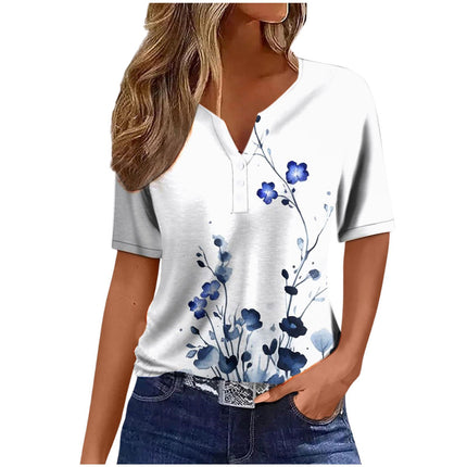 Women's Sequin Stitching Floral Three-button V-neck Short Sleeve