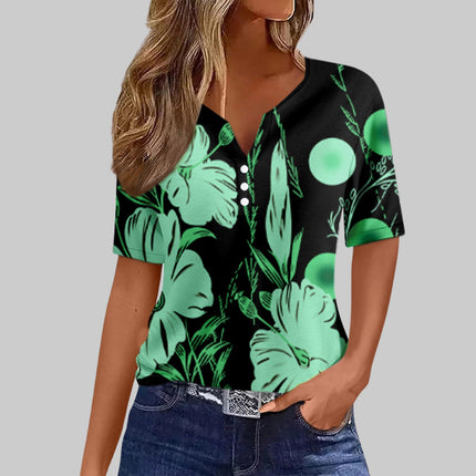 Women's Sequin Stitching Floral Three-button V-neck Short Sleeve