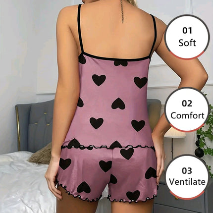 Women Pajamas Sleepwear Pajama Set Camisole Shorts Pink S M L Heart Print Scoop Neck Cami Top Ice Silk Comfortable Casual Summer