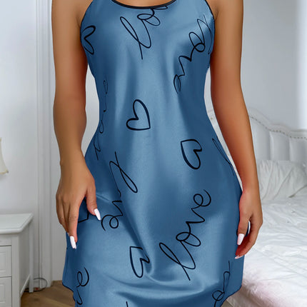 Heart   Letter Print Nightdress  Casual Round Neck Spaghetti Strap Sleep Dress  Women's Sleepwear   Dresses