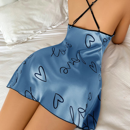 Heart Letter Print Nightdress Casual Round Neck Spaghetti Strap Sleep Dress Women's Sleepwear Dresses