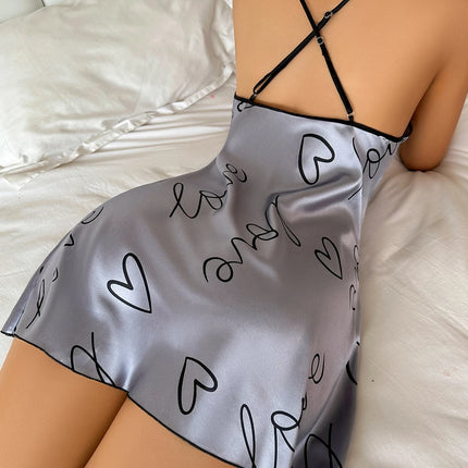 Heart Letter Print Nightdress Casual Round Neck Spaghetti Strap Sleep Dress Women's Sleepwear Dresses