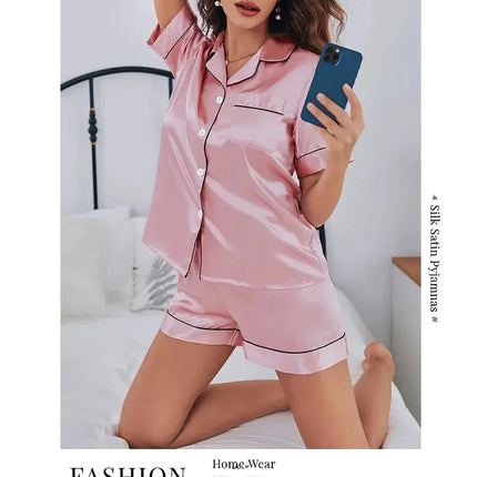 Women Silk Satin Pajamas Set Two-piece Pj Sets Sleepwear Loungewear Button-Down Pajama Women 2 Piece Pijama Homewear Shorts Set