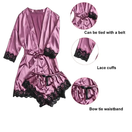 Women's Summer Sexy Pajama Pants Set 4 Pieces Lace Satin With Silk Sleepwear Robe Fashion And Comfortable Nightwear