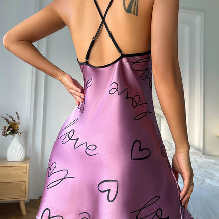 Heart   Letter Print Nightdress  Casual Round Neck Spaghetti Strap Sleep Dress  Women's Sleepwear   Dresses