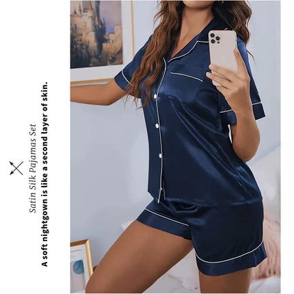 Women's Pajamas Set Satin Sleepwear Button Down Tops and Shorts Pajama 2 Piece Suit Pyjama Femme Nightwear Loungewear for Summer