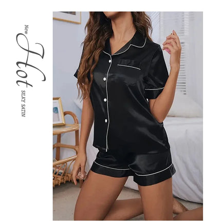 Women Silk Satin Pajamas Set Two-piece Pj Sets Sleepwear Loungewear Button-Down Pajama Women 2 Piece Pijama Homewear Shorts Set