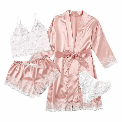 4Pcs/Set Women' Silk Satin Pajamas Set Lingerie Sexy Floral Lace Cami Spaghetti Strap Top and Satin Shorts with Robe Sleepwear