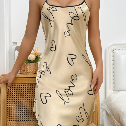 Heart   Letter Print Nightdress  Casual Round Neck Spaghetti Strap Sleep Dress  Women's Sleepwear   Dresses