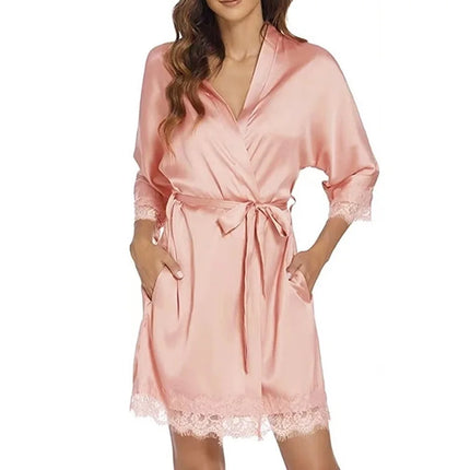 4Pcs/Set Women' Silk Satin Pajamas Set Lingerie Sexy Floral Lace Cami Spaghetti Strap Top and Satin Shorts with Robe Sleepwear