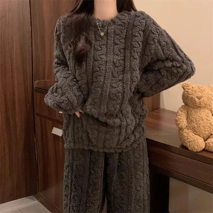 Thickened Warm Sleepwear for Winter Women Flannel Suit Student Pajamas Homewear Tops and Pants Striped Nightwear Loungewear