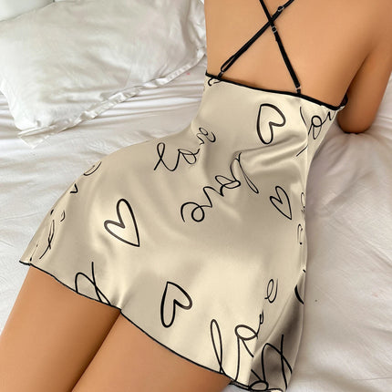 Heart Letter Print Nightdress Casual Round Neck Spaghetti Strap Sleep Dress Women's Sleepwear Dresses