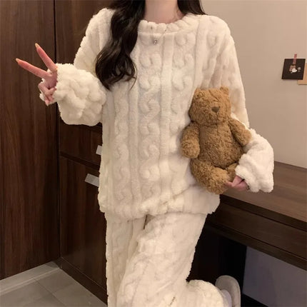 Thickened Warm Sleepwear for Winter Women Flannel Suit Student Pajamas Homewear Tops and Pants Striped Nightwear Loungewear