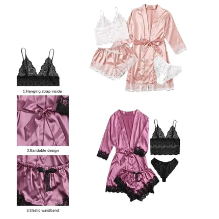 Women's Summer Sexy Pajama Pants Set 4 Pieces Lace Satin With Silk Sleepwear Robe Fashion And Comfortable Nightwear