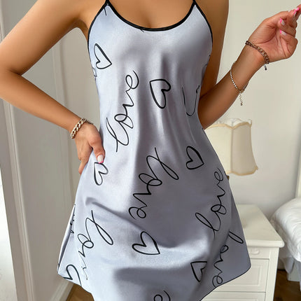 Heart   Letter Print Nightdress  Casual Round Neck Spaghetti Strap Sleep Dress  Women's Sleepwear   Dresses