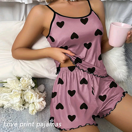 Women Pajamas Sleepwear Pajama Set Camisole Shorts Pink S M L Heart Print Scoop Neck Cami Top Ice Silk Comfortable Casual Summer