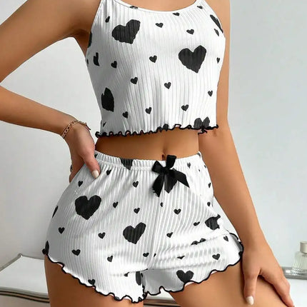 Women's Pajamas Set Sleepwear 2 PCS Short Tank Tops And Shorts S M L White Ventilate Soft Casual Love Printing