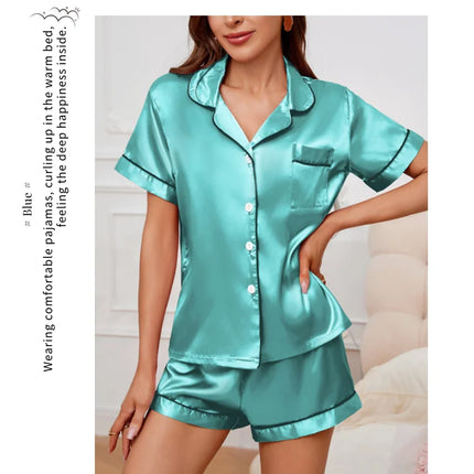 Women's Pajamas Set Satin Sleepwear Button Down Tops and Shorts Pajama 2 Piece Suit Pyjama Femme Nightwear Loungewear for Summer