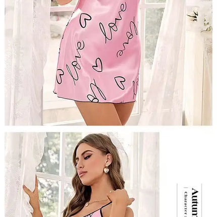 Heart Letter Print Nightdress Casual Round Neck Spaghetti Strap Sleep Dress Women's Sleepwear Dresses