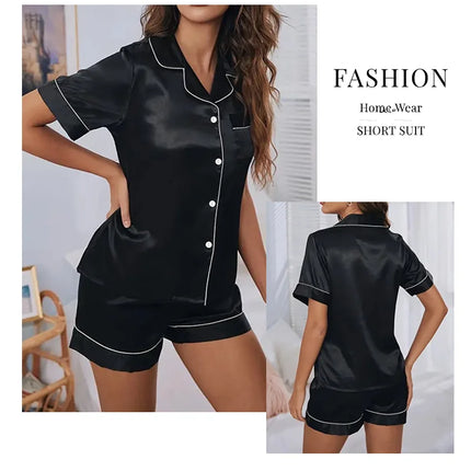 Women's Pajamas Set Satin Sleepwear Button Down Tops and Shorts Pajama 2 Piece Suit Pyjama Femme Nightwear Loungewear for Summer