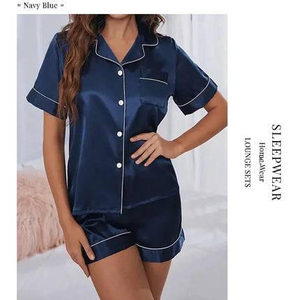 Women Silk Satin Pajamas Set Two-piece Pj Sets Sleepwear Loungewear Button-Down Pajama Women 2 Piece Pijama Homewear Shorts Set