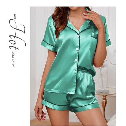 Women's Pajamas Set Satin Sleepwear Button Down Tops and Shorts Pajama 2 Piece Suit Pyjama Femme Nightwear Loungewear for Summer