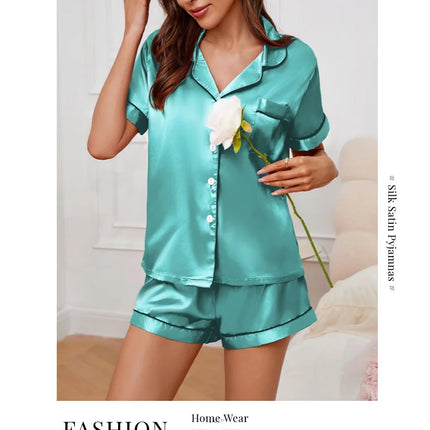 Women's Pajamas Set Satin Sleepwear Button Down Tops and Shorts Pajama 2 Piece Suit Pyjama Femme Nightwear Loungewear for Summer