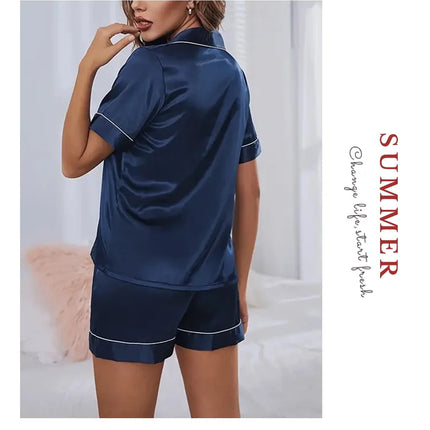 Women's Pajamas Set Satin Sleepwear Button Down Tops and Shorts Pajama 2 Piece Suit Pyjama Femme Nightwear Loungewear for Summer